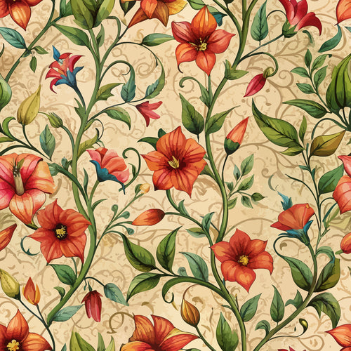 scarlet red, orange blooms, green foliage, cream background, art nouveau, floral pattern, botanical design, curving vines, decorative scrollwork, vintage swirls, ornate flowers,, fabric panel, nature motif, elegant florals, warm tones, flowing stems, petal details, organic curves, seamless repeat