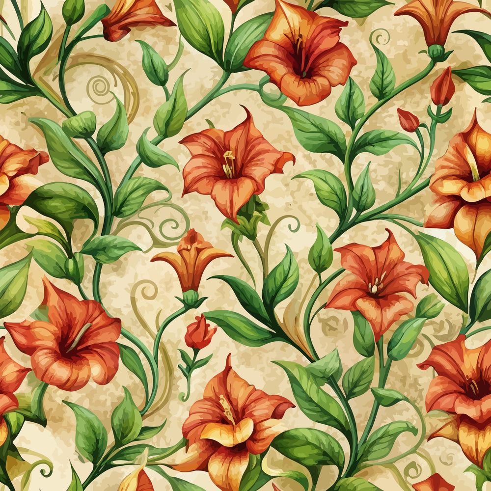 orange flowers, red blooms, green leaves, botanical pattern, floral design, art nouveau style, flowing vines, decorative swirls, cream background,, seamless repeat, ornamental florals, nature motif, vintage inspired, organic curves, elegant pattern, fabric panel, botanical illustration, warm colors, decorative arts