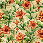 orange flowers, red blooms, green leaves, botanical pattern, floral design, art nouveau style, flowing vines, decorative swirls, cream background,, seamless repeat, ornamental florals, nature motif, vintage inspired, organic curves, elegant pattern, fabric panel, botanical illustration, warm colors, decorative arts