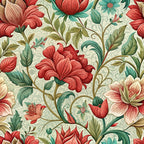 scarlet red, coral pink, sage green, cream background, art nouveau, floral pattern, botanical design, ornate flowers, decorative leaves, flowing vines,, fabric panel, elegant blooms, stylized florals, vintage inspired, sophisticated palette, textile design, seamless repeat, nature motif