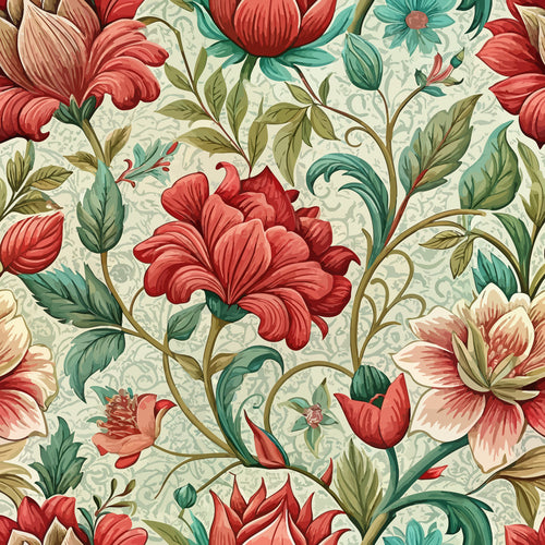 scarlet red, coral pink, sage green, cream background, art nouveau, floral pattern, botanical design, ornate flowers, decorative leaves, flowing vines,, fabric panel, elegant blooms, stylized florals, vintage inspired, sophisticated palette, textile design, seamless repeat, nature motif