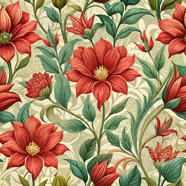 scarlet red, coral pink, sage green, cream background, botanical pattern, floral motif, large blooms, art nouveau style, flowing stems, decorative leaves,, fabric panel, nature inspired, ornamental design, vintage aesthetic, seamless repeat, textile art, crafting material