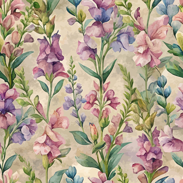 snapdragons, floral pattern, art nouveau, watercolor style, purple flowers, pink blooms, green stems, botanical design,, fabric panel, cottage garden, vintage inspired, soft pastels, flowing lines, nature motif, delicate petals, organic shapes, spring flowers, whimsical florals