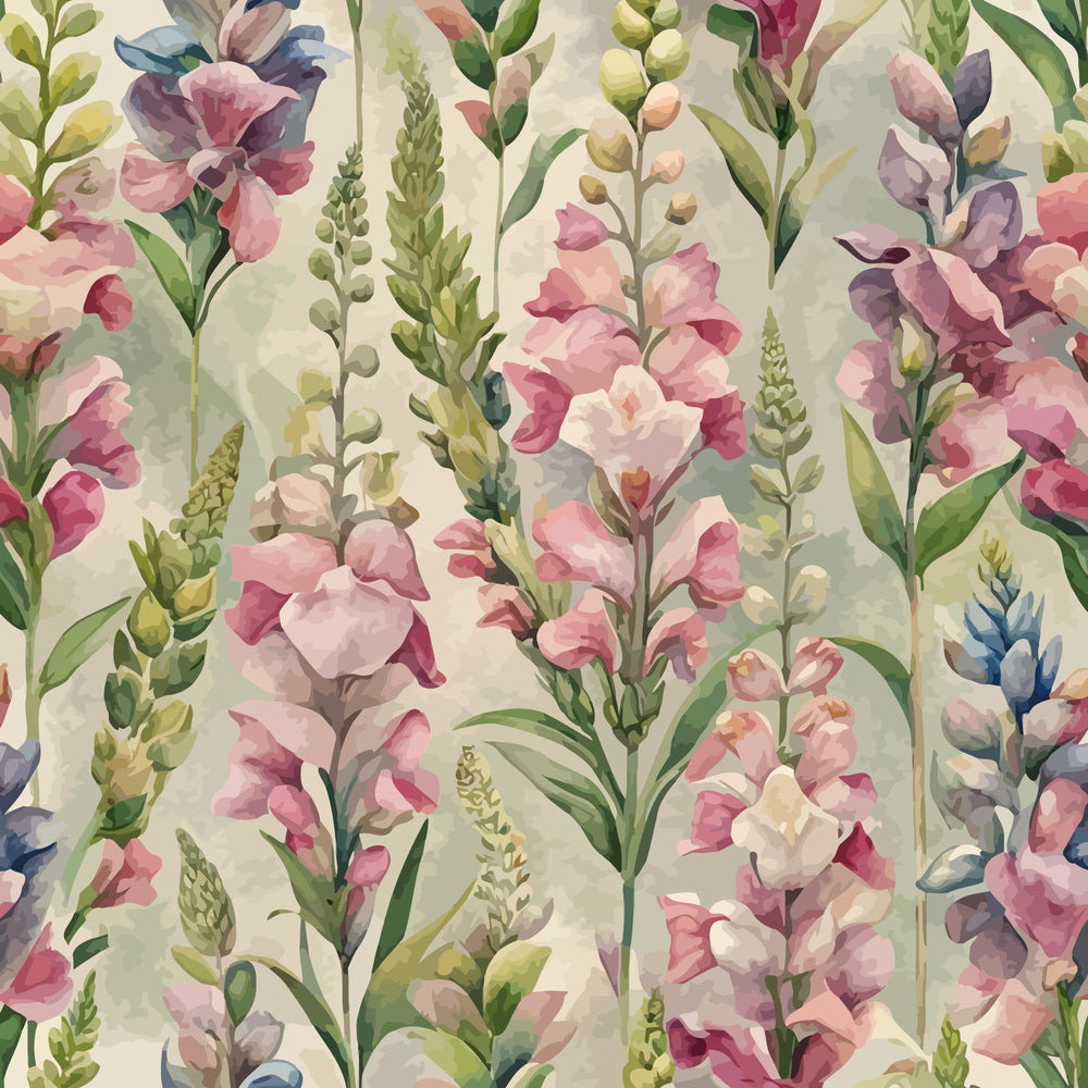 snapdragons, floral pattern, pink flowers, purple blooms, green foliage, watercolor style, botanical design, art nouveau, soft pastels, cream background, garden flowers,, fabric panel, delicate brushstrokes, romantic florals, spring blooms, nature motifs, cottage garden, painterly effect, feminine colors