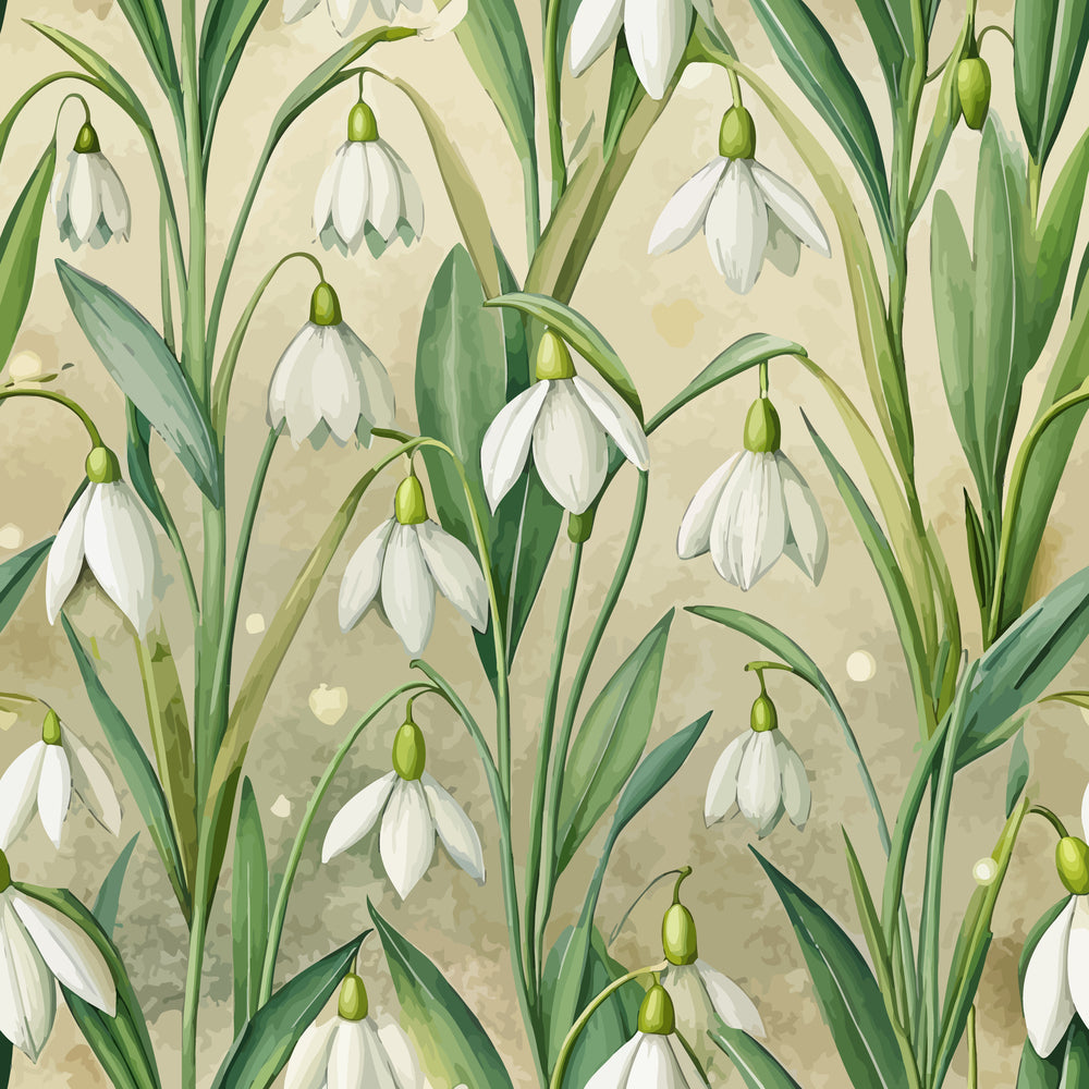 art nouveau, snowdrops, botanical pattern, white flowers, green leaves, sage green, cream background, nature motif, spring flowers, delicate blooms, floral design, organic curves,, fabric panel, soft palette, garden flowers, graceful stems, natural elements, vintage style, repeating pattern