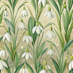 art nouveau, snowdrops, botanical pattern, white flowers, green leaves, sage green, cream background, nature motif, spring flowers, delicate blooms, floral design, organic curves,, fabric panel, soft palette, garden flowers, graceful stems, natural elements, vintage style, repeating pattern