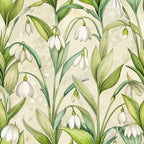 snowdrops, white flowers, green leaves, cream background, botanical pattern, spring blooms, delicate petals, nature motif, art nouveau style,, fabric panel, floral design, soft pastels, drooping flowers, graceful stems, organic shapes, repeating pattern, gentle curves, watercolor effect, early spring