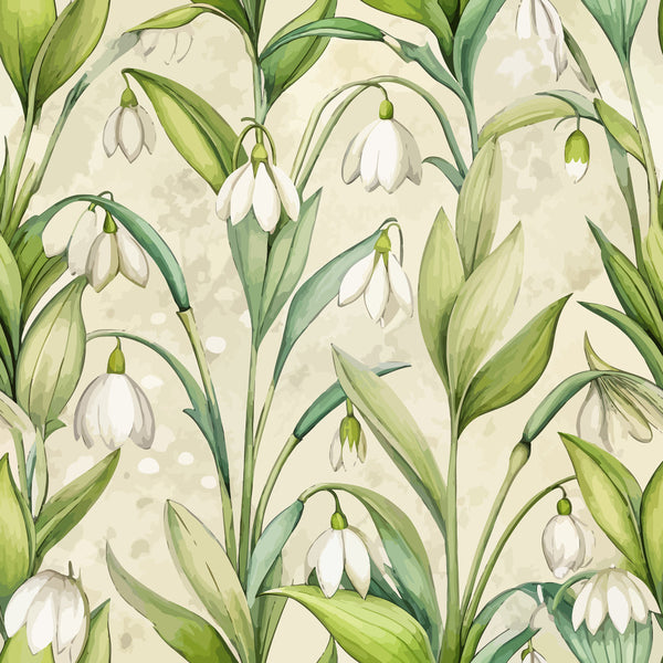 snowdrops, white flowers, green leaves, cream background, botanical pattern, spring blooms, delicate petals, nature motif, art nouveau style,, fabric panel, floral design, soft pastels, drooping flowers, graceful stems, organic shapes, repeating pattern, gentle curves, watercolor effect, early spring