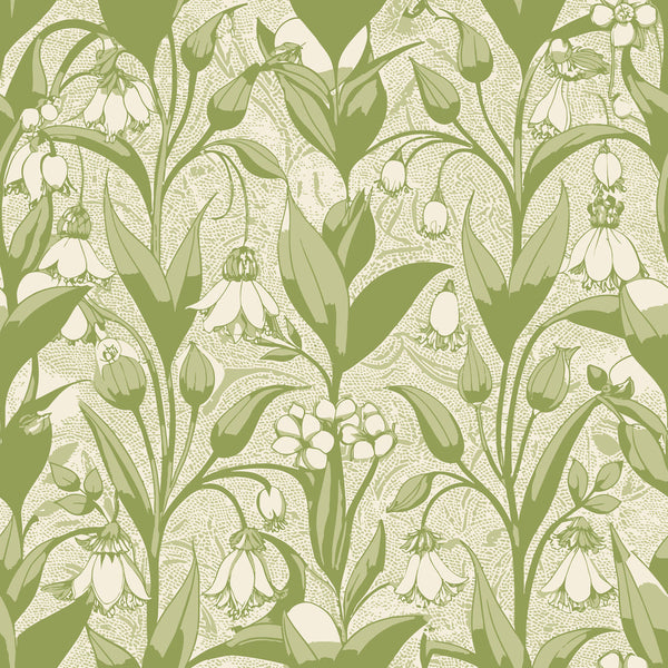 sage green, cream, botanical pattern, art nouveau, solomon's seal flowers, drooping blooms, flowing stems, organic curves, nature motif,, fabric panel, vintage style, floral design, spring flowers, garden theme, repeating pattern, textile design, earthy tones, botanical illustration