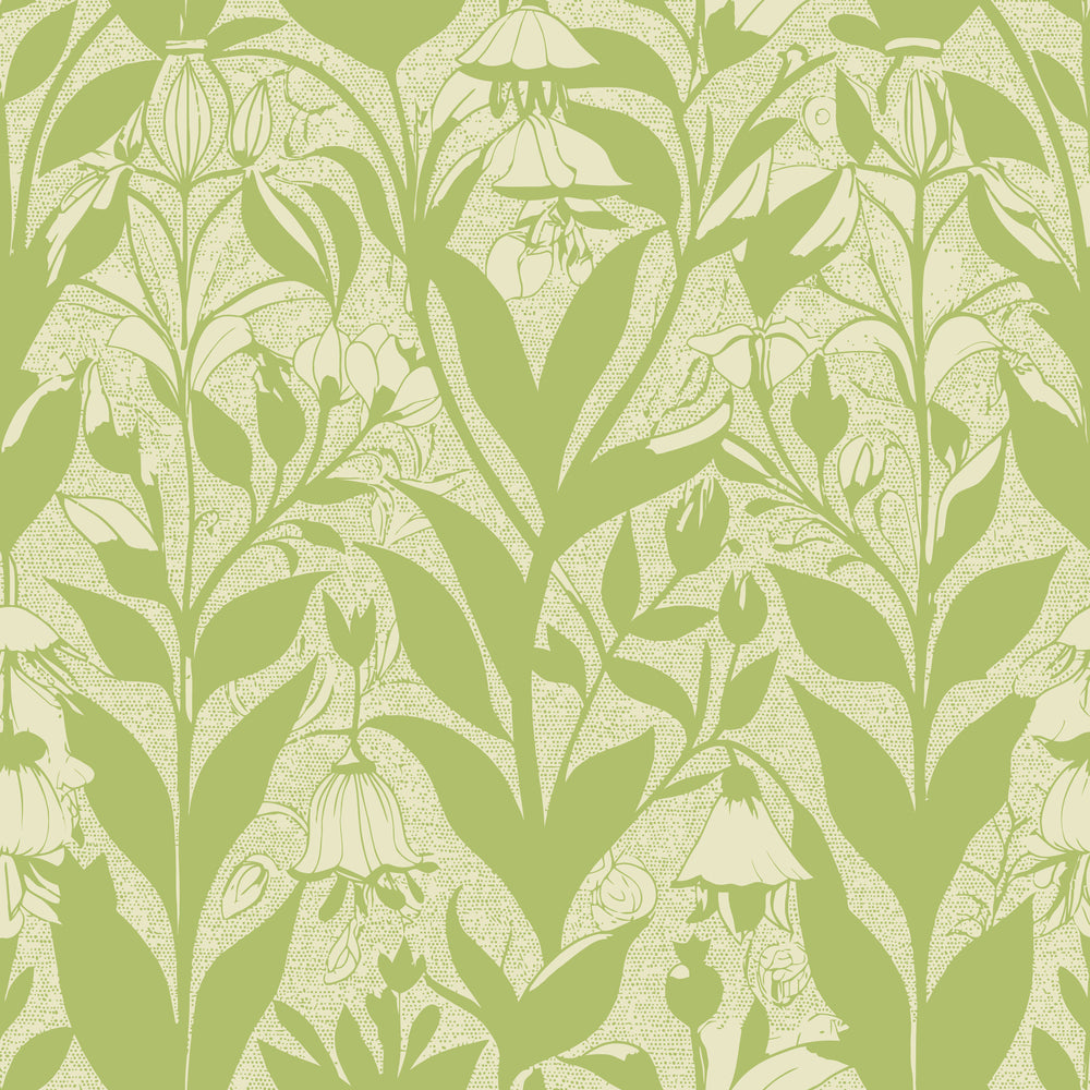 sage green, cream, botanical pattern, solomon's seal flowers, art nouveau style,, fabric panel, floral motif, stylized leaves, nature inspired, vintage design, repeating pattern, organic shapes, decorative florals, flowing lines, botanical illustration, soft green tones, elegant flora