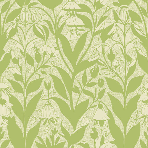 sage green, cream, botanical pattern, solomon's seal flowers, art nouveau style,, fabric panel, floral motif, stylized leaves, nature inspired, vintage design, repeating pattern, organic shapes, decorative florals, flowing lines, botanical illustration, soft green tones, elegant flora