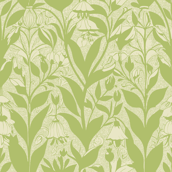 sage green, cream, botanical pattern, solomon's seal flowers, art nouveau style,, fabric panel, floral motif, stylized leaves, nature inspired, vintage design, repeating pattern, organic shapes, decorative florals, flowing lines, botanical illustration, soft green tones, elegant flora