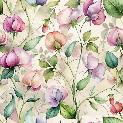 sweet peas, floral pattern, watercolor style, purple flowers, pink blossoms, green leaves, botanical design, art nouveau, climbing vines, pastel colors, cream background, delicate stems, nature motif,, fabric panel, soft pastels, garden flowers, organic curves, romantic florals, vintage inspired