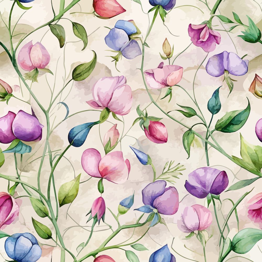 floral pattern, sweet peas, watercolor style, pink flowers, purple blooms, blue petals, green leaves, botanical design, climbing vines, delicate stems, pastel colors, garden flowers, art nouveau,, fabric panel, nature motif, soft hues, flowing design, spring flowers, feminine pattern