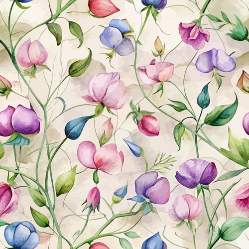 floral pattern, sweet peas, watercolor style, pink flowers, purple blooms, blue petals, green leaves, botanical design, climbing vines, delicate stems, pastel colors, garden flowers, art nouveau,, fabric panel, nature motif, soft hues, flowing design, spring flowers, feminine pattern