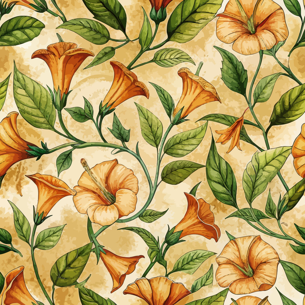 orange flowers, trumpet vines, golden yellow, green leaves, botanical pattern, art nouveau style, floral design, climbing vines, warm tones,, seamless pattern, nature motif, decorative flowers, flowing stems, cream background, organic shapes, botanical illustration, trumpet blooms, leafy vines, autumn colors