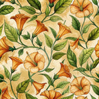 orange flowers, trumpet vines, golden yellow, green leaves, botanical pattern, art nouveau style, floral design, climbing vines, warm tones,, seamless pattern, nature motif, decorative flowers, flowing stems, cream background, organic shapes, botanical illustration, trumpet blooms, leafy vines, autumn colors