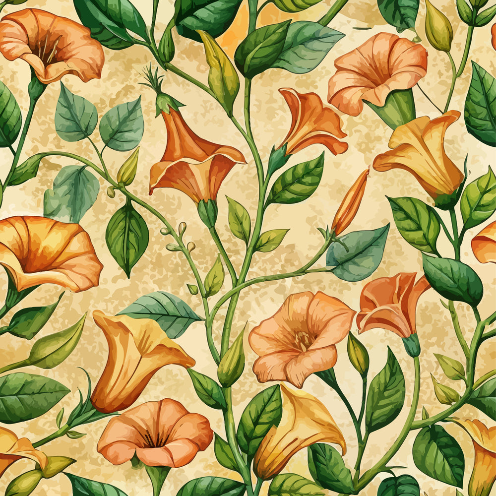 orange flowers, trumpet vines, green leaves, cream background, botanical pattern, floral design, art nouveau style,, fabric panel, morning glory blooms, vine tendrils, peach blossoms, golden yellow, forest green, seamless repeat, climbing vines, garden flowers, nature motifs, cotton fabric, quilting material