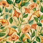orange flowers, trumpet vines, green leaves, cream background, botanical pattern, floral design, art nouveau style,, fabric panel, morning glory blooms, vine tendrils, peach blossoms, golden yellow, forest green, seamless repeat, climbing vines, garden flowers, nature motifs, cotton fabric, quilting material