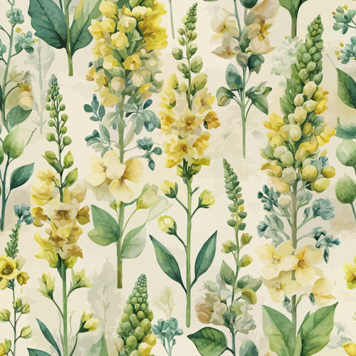 verbascum flowers, botanical pattern, yellow blooms, sage green, cream background, watercolor style, art nouveau, floral spikes,, nature motif, soft pastels, garden flowers, organic shapes, repeating pattern, delicate florals, spring theme, cottage core, vintage botanical, flowing design, natural elements