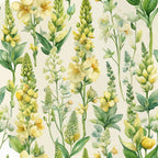 yellow flowers, green foliage, cream background, botanical pattern, verbascum blooms, watercolor style, floral design,, fabric panel, nature motif, soft pastels, garden flowers, delicate stems, artistic rendering, spring theme, meadow plants, organic shapes, flowing composition