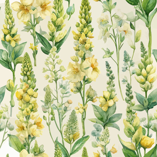 yellow flowers, green foliage, cream background, botanical pattern, verbascum blooms, watercolor style, floral design,, fabric panel, nature motif, soft pastels, garden flowers, delicate stems, artistic rendering, spring theme, meadow plants, organic shapes, flowing composition