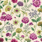 verbena flowers, floral pattern, purple blooms, magenta petals, lavender flowers, chartreuse green, sage leaves, cream background, botanical illustration, art nouveau style,, fabric panel, delicate stems, clustered blossoms, vintage floral, nature motifs, repeating pattern, soft pastels, garden flowers