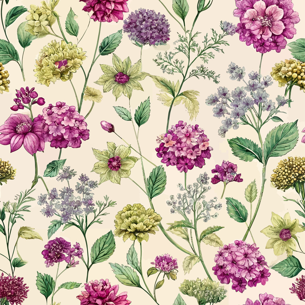 verbena flowers, floral pattern, purple blooms, magenta petals, lavender flowers, chartreuse green, sage leaves, cream background, botanical illustration, art nouveau style,, fabric panel, delicate stems, clustered blossoms, vintage floral, nature motifs, repeating pattern, soft pastels, garden flowers
