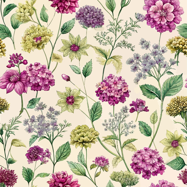 verbena flowers, floral pattern, purple blooms, magenta petals, lavender flowers, chartreuse green, sage leaves, cream background, botanical illustration, art nouveau style,, fabric panel, delicate stems, clustered blossoms, vintage floral, nature motifs, repeating pattern, soft pastels, garden flowers