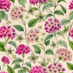 verbena flowers, floral pattern, botanical design, pink blooms, magenta flowers, pale pink petals, green leaves, cream background, art nouveau style,, fabric panel, nature motif, garden flowers, romantic florals, soft pastels, organic shapes, flowing stems, delicate blossoms, spring theme