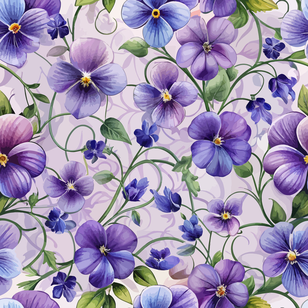 purple, lavender, blue, violet flowers, pansies, green leaves, art nouveau, floral pattern, botanical design, curving vines, watercolor style, seamless repeat,, fabric panel, spring flowers, delicate blooms, flowing stems, nature motif, soft pastels, organic curves