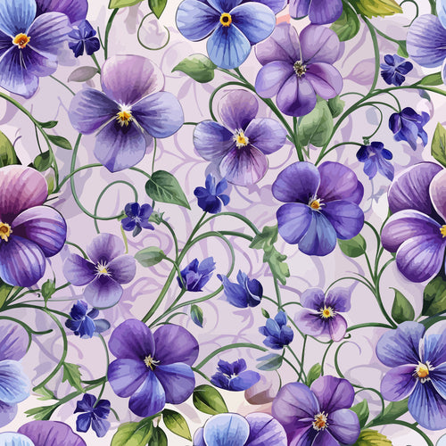purple, lavender, blue, violet flowers, pansies, green leaves, art nouveau, floral pattern, botanical design, curving vines, watercolor style, seamless repeat,, fabric panel, spring flowers, delicate blooms, flowing stems, nature motif, soft pastels, organic curves