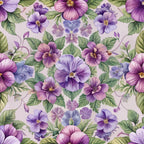 purple flowers, violet blooms, lavender petals, mauve tones, green leaves, botanical pattern, floral design, art nouveau style, pansy flowers,, fabric panel, watercolor effect, vintage florals, seamless repeat, delicate blossoms, soft pastels, organic curves, nature motifs, spring flowers, textile design