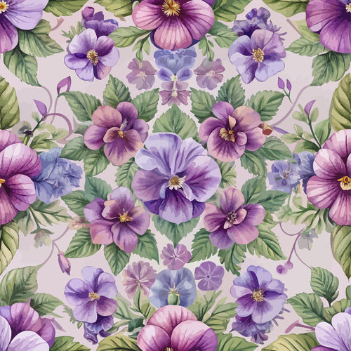 purple flowers, violet blooms, lavender petals, mauve tones, green leaves, botanical pattern, floral design, art nouveau style, pansy flowers,, fabric panel, watercolor effect, vintage florals, seamless repeat, delicate blossoms, soft pastels, organic curves, nature motifs, spring flowers, textile design