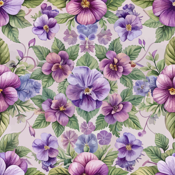 purple flowers, violet blooms, lavender petals, mauve tones, green leaves, botanical pattern, floral design, art nouveau style, pansy flowers,, fabric panel, watercolor effect, vintage florals, seamless repeat, delicate blossoms, soft pastels, organic curves, nature motifs, spring flowers, textile design