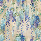 wisteria vines, hanging flowers, purple blooms, blue flowers, lavender petals, sage green leaves, cream background, beige backdrop, cascading florals, drooping blossoms, botanical pattern, floral design, art nouveau style, organic flowing lines, nature motif,, fabric panel, spring flowers, garden theme, watercolor effect