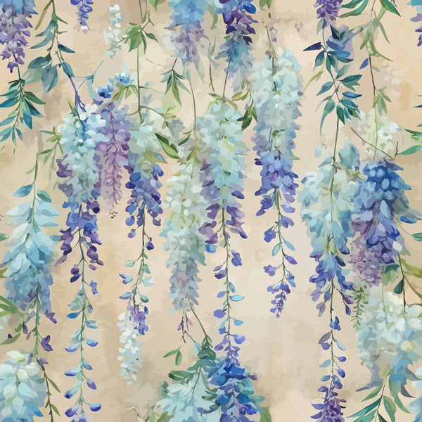 wisteria vines, hanging flowers, purple blooms, blue flowers, lavender petals, sage green leaves, cream background, beige backdrop, cascading florals, drooping blossoms, botanical pattern, floral design, art nouveau style, organic flowing lines, nature motif,, fabric panel, spring flowers, garden theme, watercolor effect