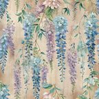 wisteria vines, cascading flowers, purple blooms, blue blossoms, sage green leaves, cream background, botanical pattern, art nouveau style, drooping clusters, floral design,, fabric panel, watercolor effect, soft pastels, hanging branches, nature motif, romantic mood, delicate florals, vintage inspired