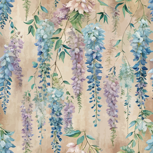wisteria vines, cascading flowers, purple blooms, blue blossoms, sage green leaves, cream background, botanical pattern, art nouveau style, drooping clusters, floral design,, fabric panel, watercolor effect, soft pastels, hanging branches, nature motif, romantic mood, delicate florals, vintage inspired
