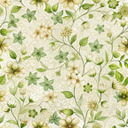 cream background, sage green, pale yellow, botanical pattern, woodruff flowers, delicate blooms, trailing vines, small leaves, art nouveau style, floral motif,, fabric panel, nature inspired, soft pastels, elegant design, seamless repeat, vintage aesthetic, garden flowers
