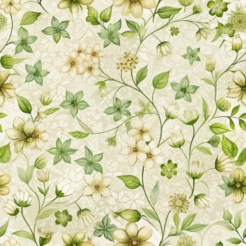 cream background, sage green, pale yellow, botanical pattern, woodruff flowers, delicate blooms, trailing vines, small leaves, art nouveau style, floral motif,, fabric panel, nature inspired, soft pastels, elegant design, seamless repeat, vintage aesthetic, garden flowers