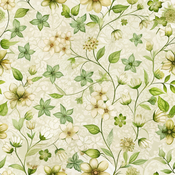 cream background, sage green, pale yellow, botanical pattern, woodruff flowers, delicate blooms, trailing vines, small leaves, art nouveau style, floral motif,, fabric panel, nature inspired, soft pastels, elegant design, seamless repeat, vintage aesthetic, garden flowers