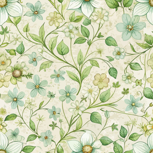 sage green, mint green, cream background, botanical pattern, delicate flowers, trailing vines, leaves, art nouveau style, floral motif,, fabric panel, nature inspired, soft pastels, organic design, woodruff flowers, flowing stems, seamless repeat, vintage style, botanical illustration, spring florals