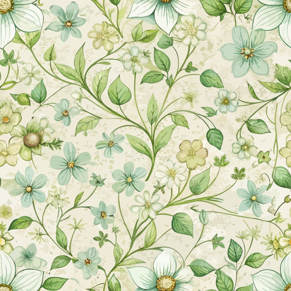 sage green, mint green, cream background, botanical pattern, delicate flowers, trailing vines, leaves, art nouveau style, floral motif,, fabric panel, nature inspired, soft pastels, organic design, woodruff flowers, flowing stems, seamless repeat, vintage style, botanical illustration, spring florals