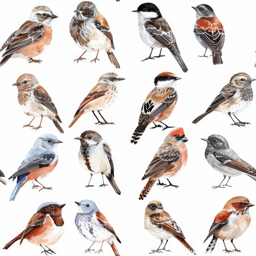 birds, sparrows, finches, songbirds, brown, orange, rust, gray, blue, white, black, realistic illustration, watercolor style, nature pattern, ornithology, birdwatching,, fabric panel, wildlife design, feathered creatures, perched birds, natural colors, earth tones