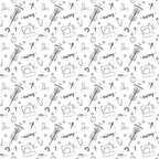 black and white, sewing themed,, fabric panel, sewing machine, scissors, thread spools, buttons, safety pins, measuring tape, craft supplies, monochrome, line art, sketched style, repetitive pattern, seamstress tools, needlework motifs, handwritten text, crafting design, cotton fabric