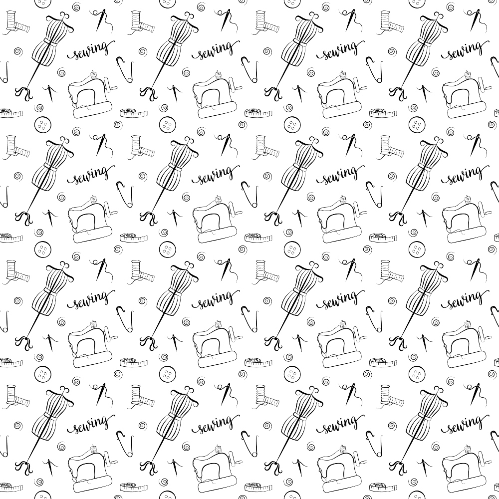 black and white, sewing themed, quilting cotton, fabric panel, sewing machine, scissors, thread spools, buttons, safety pins, measuring tape, craft supplies, monochrome, line art, sketched style, repetitive pattern, seamstress tools, needlework motifs, handwritten text, crafting design, cotton fabric