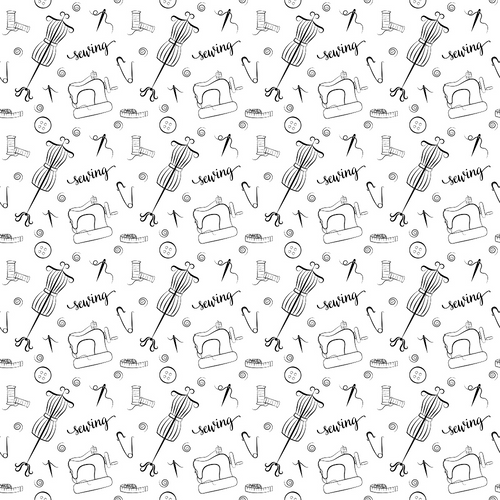 black and white, sewing themed,, fabric panel, sewing machine, scissors, thread spools, buttons, safety pins, measuring tape, craft supplies, monochrome, line art, sketched style, repetitive pattern, seamstress tools, needlework motifs, handwritten text, crafting design, cotton fabric