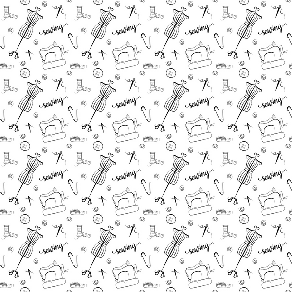 black and white, sewing themed,, fabric panel, sewing machine, scissors, thread spools, buttons, safety pins, measuring tape, craft supplies, monochrome, line art, sketched style, repetitive pattern, seamstress tools, needlework motifs, handwritten text, crafting design, cotton fabric