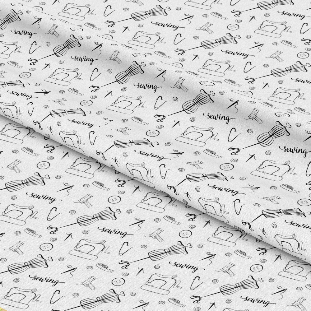 Assorted Sewing Pattern 1 Quilting Cotton Fabric featuring black and white sewing themed illustrations including sewing machines, thread spools, needles, scissors, buttons, and text on white quilting cotton fabric, premium material, classic sewing design, craft fabric, quilting cotton textile.